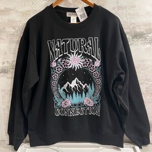 CUT & PASTE Natural Connection Crew Fleece Sweatshirt NWT Womens L Black Graphic